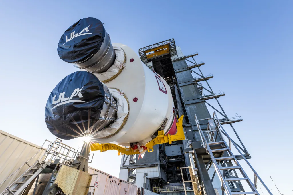 Two BE-4 engines, made by Blue Origin, power the first stage of United Launch Alliance’s Vulcan rocket. ULA says it eventually plans to recover and reuse the en