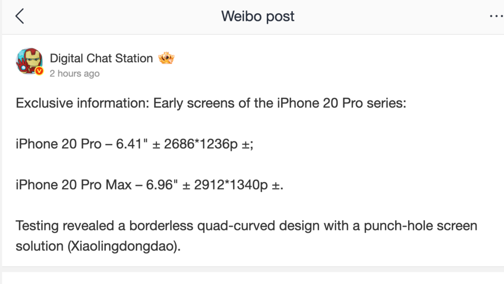 iPhone 20 Pro serisi hakkında Weibo'da DCS