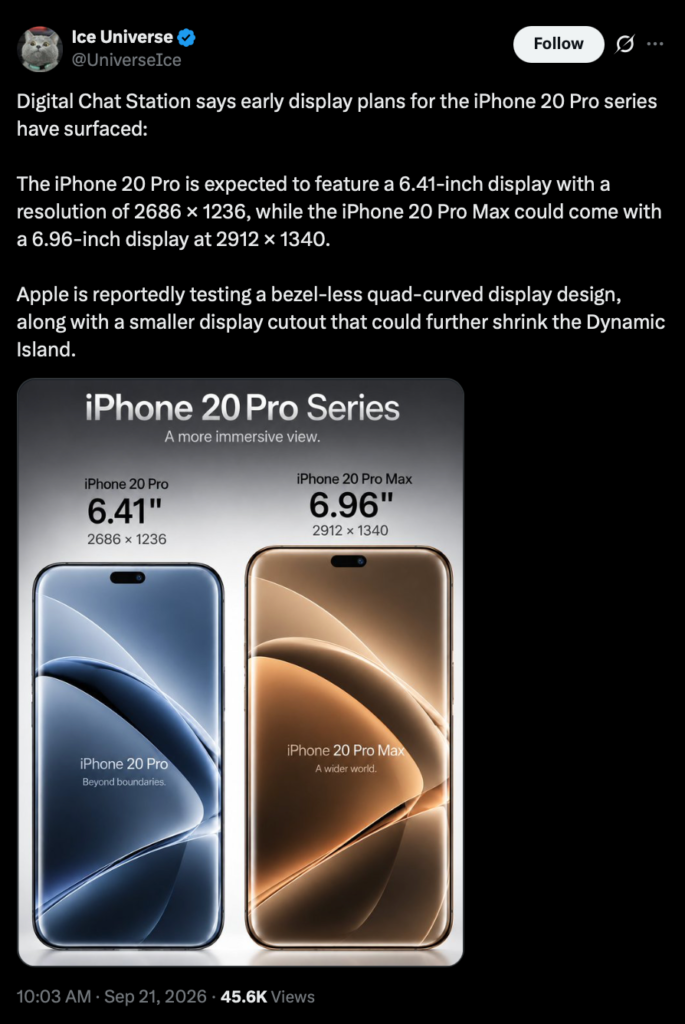 iPhone 20 Pro serisi sızdırılan ekran bilgileri ve görüntü X'te paylaşıldı