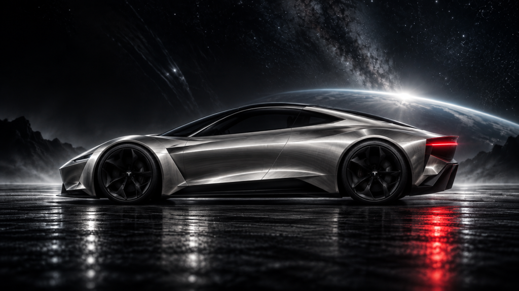 Tesla Roadster'ın Cyber tarzı açılı gövde tasarımıyla yeniden tasarlanan konsept görseli, yan profil