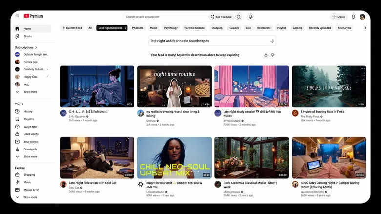 YouTube ekran görüntüsü, bir istem kullanarak özel video akışları oluşturma yeteneğini gösteriyor.