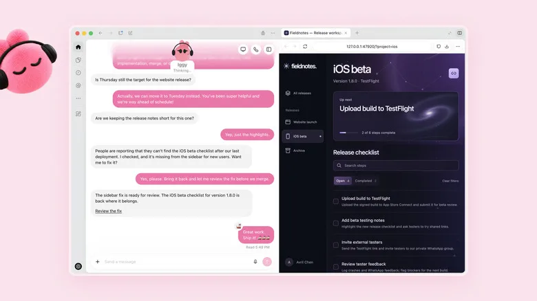 OpenAI'nin Iggy Dot, bir iOS beta sürümünü yayın kontrol listesinin yanında tartışıyor.